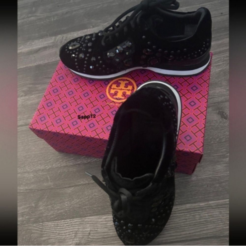 TORY BURCH * SCARLETT RUNNER VELVET   EMBELLISHED BLACK SNEAKERS - Picture 2 of 10